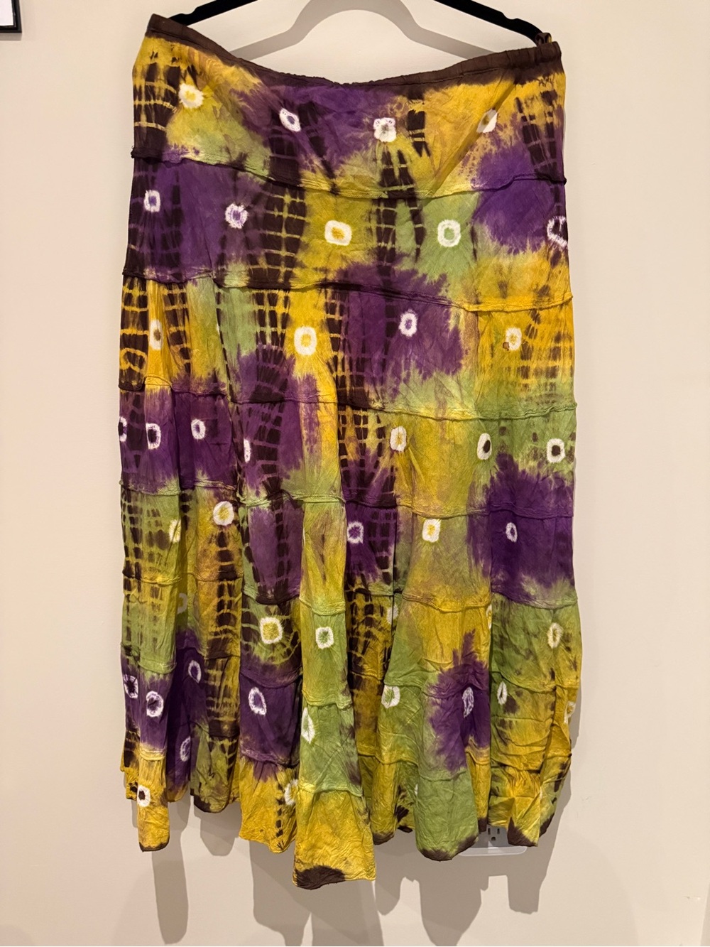 Arvanti Tie Dye Tiered Maxi Skirt Large Purple Yellow Boho Festival Cotton
